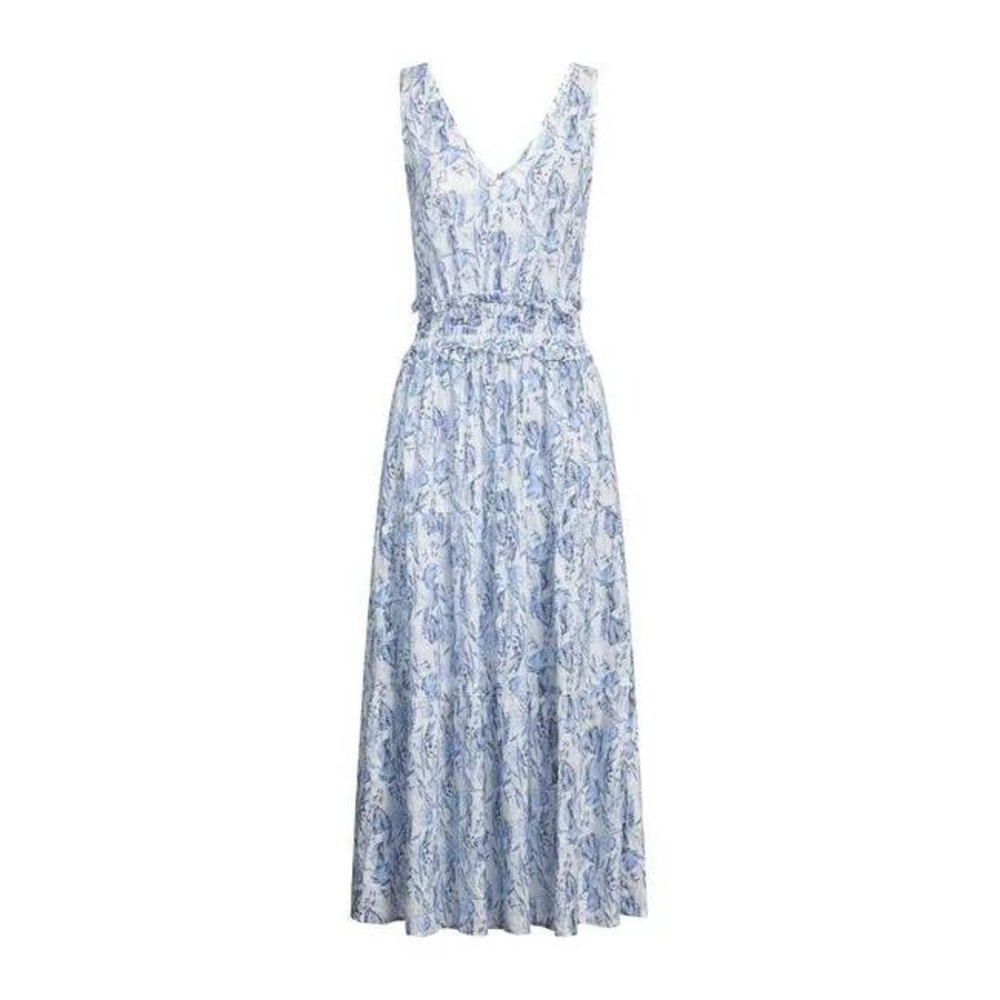 120% Lino Blue Azure Midi Linen Dress 10, Smocked Waist Italian Quiet Luxury